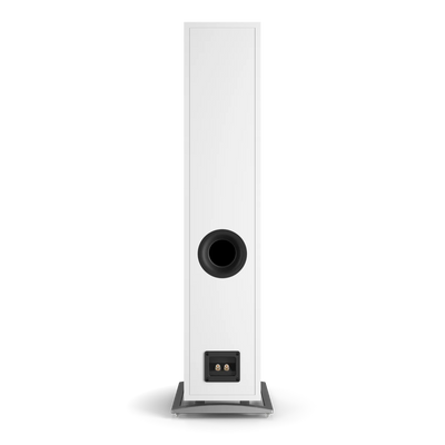 Spatele boxei Dali OBERON 7 alb, cu port bass reflex și conectori pentru cabluri audio.