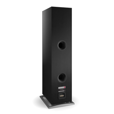 Spatele boxei Dali OBERON 9, culoare Black Ash, cu două porturi bass reflex și conectori pentru cabluri.