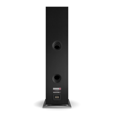 Spatele boxei Dali OBERON 9 Black Ash cu porturi bas reflex și conectori pentru cabluri audio.