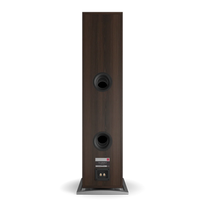 Spatele boxei Dali OBERON 9, culoare nuc închis, cu două porturi bass reflex și conectori pentru cabluri.