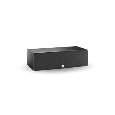 Boxa centrală Dali OBERON Grand Vokal, culoare Black Ash, cu grilaj frontal vizibil, unghi lateral.