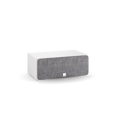 Boxă centrală Dali OBERON Vokal, vedere frontală, culoare albă cu grilaj gri, ideală pentru home theater.