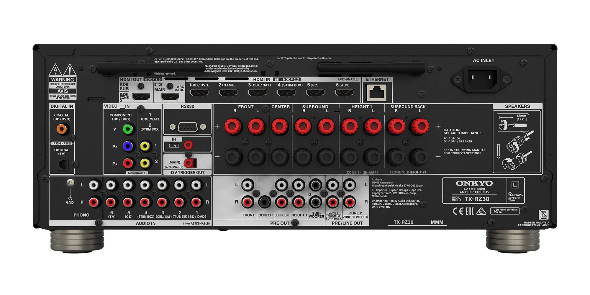 Spatele receiverului AV Onkyo TX-RZ30 negru, cu conexiuni HDMI 8K, ieșiri boxe și porturi audio.