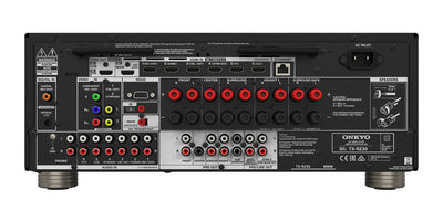Spatele receiverului AV Onkyo TX-RZ30 negru, cu conexiuni HDMI 8K, ieșiri boxe și porturi audio.
