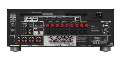 Spatele receiverului AV Onkyo TX-RZ30 negru, cu conexiuni HDMI 8K, ieșiri boxe și porturi audio.
