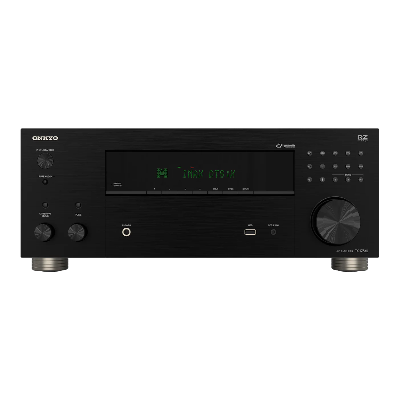 Receiver AV Onkyo TX-RZ30 negru, vedere frontală, afișaj IMAX DTS:X, port USB, butoane control.