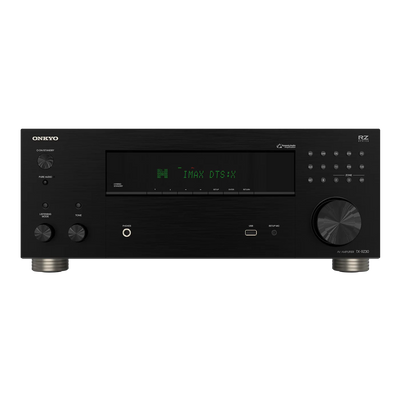 Receiver AV Onkyo TX-RZ30 negru, vedere frontală, afișaj IMAX DTS:X, port USB, butoane control.