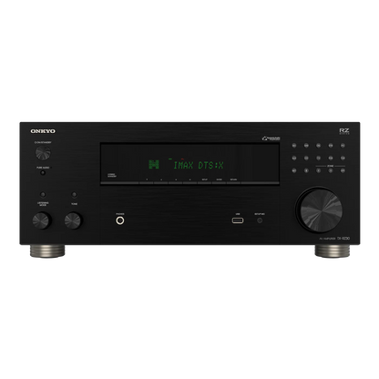 Receiver AV Onkyo TX-RZ30 negru, vedere frontală, afișaj IMAX DTS:X, port USB, butoane control.