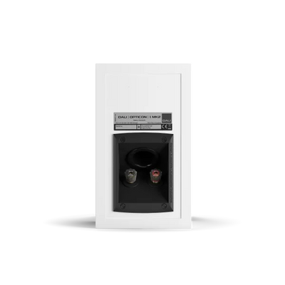 Spatele boxei Dali OPTICON 1 MK2, culoare alb satin, cu conectori și port bass reflex vizibili.