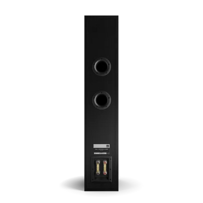 Spatele boxei Dali OPTICON 6 MK2, culoare black ash, cu două porturi bass reflex și conectori vizibili.