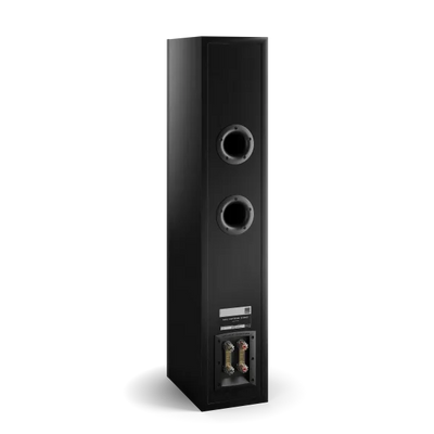 Spatele boxei Dali OPTICON 6 MK2, culoare Black Ash, cu două porturi bass reflex și terminale de conectare.