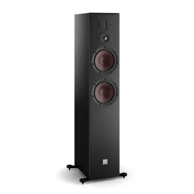 Boxa de podea Dali OPTICON 6 MK2, culoare black ash, vedere laterală, două woofere mari și tweeter.