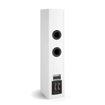 Boxa Dali OPTICON 6 MK2, vedere din spate, culoare alb satin, cu porturi de bas și conectori vizibili.