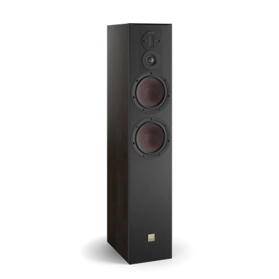 Boxa de podea Dali OPTICON 6 MK2, vedere frontală, culoare tobacco oak, cu două woofere și tweeter.