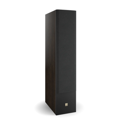 Boxa de podea Dali OPTICON 8 MK2, vedere laterală, culoare tobacco oak, grilaj frontal vizibil.