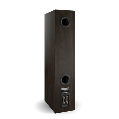 Spatele boxei Dali OPTICON 8 MK2, culoare tobacco oak, cu porturi bass reflex și conectori audio vizibili.