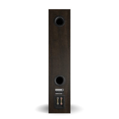 Spatele boxei Dali OPTICON 8 MK2, culoare tobacco oak, cu porturi bass reflex și conectori vizibili.