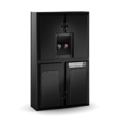 Spatele boxei Dali OPTICON LCR MK2 în finisaj Black Ash, cu conectori de cablu vizibili și panou de montare.