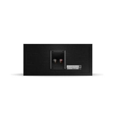 Dali OPTICON VOKAL MK2, vedere spate, culoare Black Ash, conexiuni terminale vizibile, etichetă specificații.