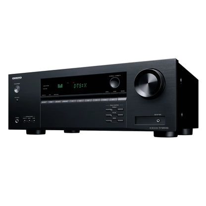 Receiver AV Onkyo TX-NR5100 negru, vedere din unghi stânga, afișaj DTS:X, butoane și control volum.