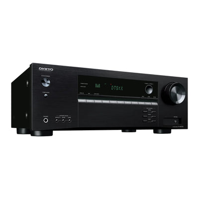 Receiver AV Onkyo TX-NR5100 negru, vedere din dreapta față, afișaj DTS:X, butoane și control volum.