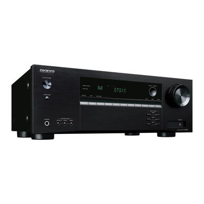 Receiver AV Onkyo TX-NR5100 negru, vedere din dreapta față, afișaj DTS:X, butoane și control volum.