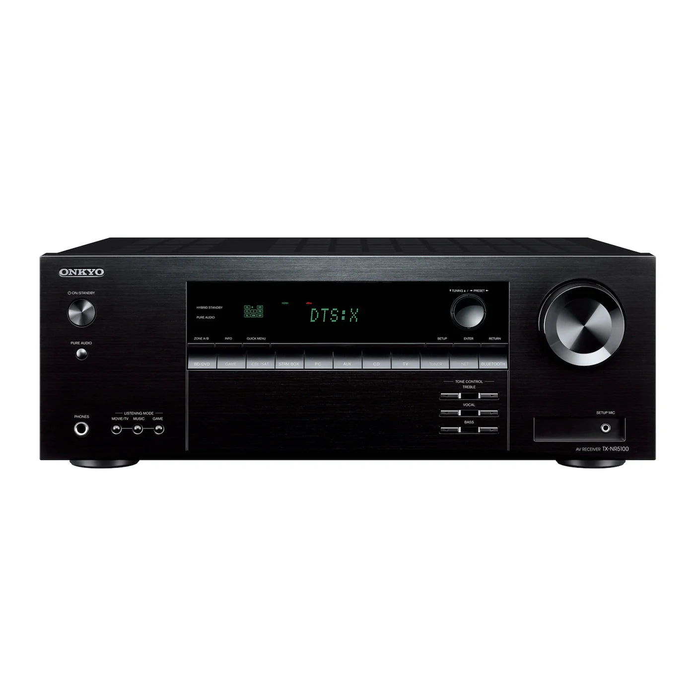 Receiver AV Onkyo TX-NR5100 negru, vedere frontală cu afișaj DTS:X, butoane control și porturi audio.