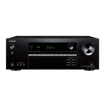 Receiver AV Onkyo TX-NR5100 negru, vedere frontală cu afișaj DTS:X, butoane control și porturi audio.