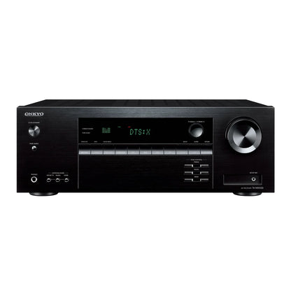 Receiver AV Onkyo TX-NR5100 negru, vedere frontală cu afișaj DTS:X, butoane control și porturi audio.