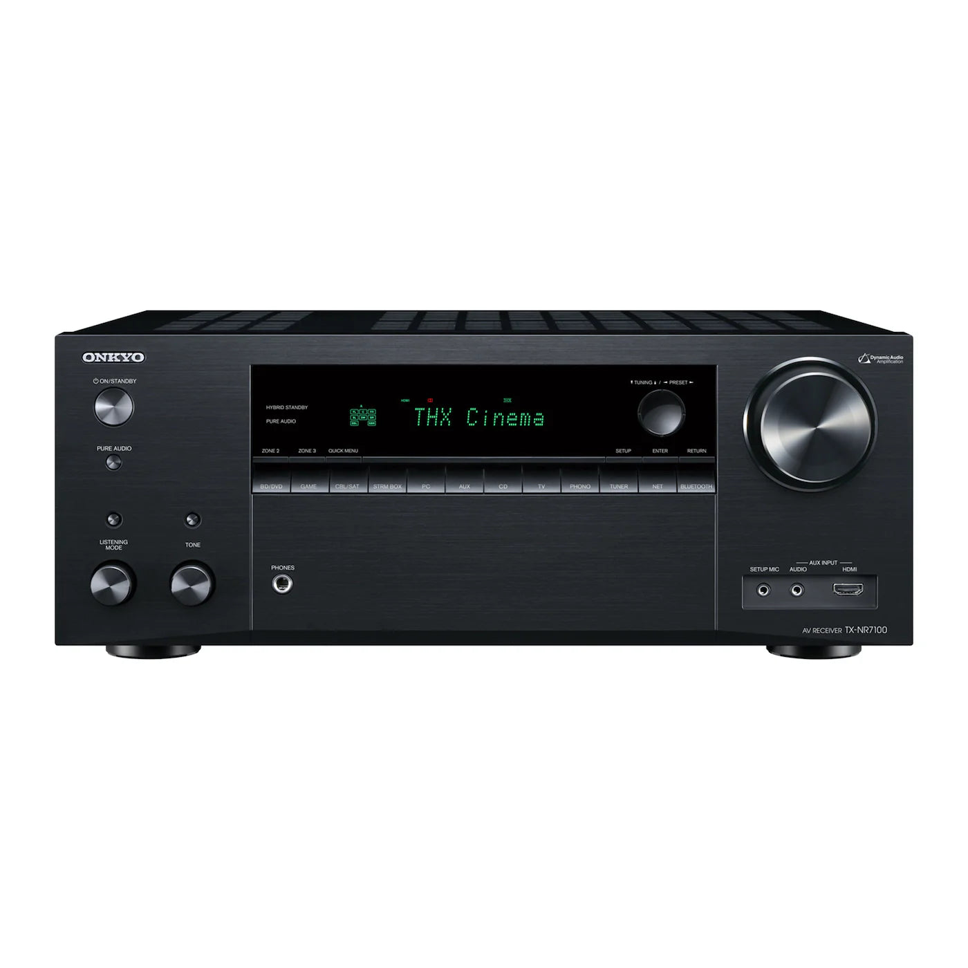 Receiver AV Onkyo TX-NR7100 negru, vedere frontală cu afișaj THX Cinema, butoane, porturi HDMI și audio.