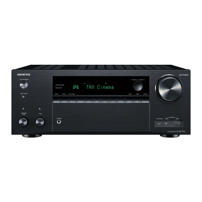 Receiver AV Onkyo TX-NR7100 negru, vedere frontală cu afișaj THX Cinema, butoane, porturi HDMI și audio.