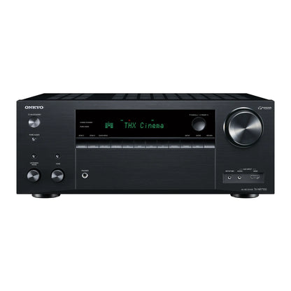 Receiver AV Onkyo TX-NR7100 negru, vedere frontală cu afișaj THX Cinema, butoane, porturi HDMI și audio.