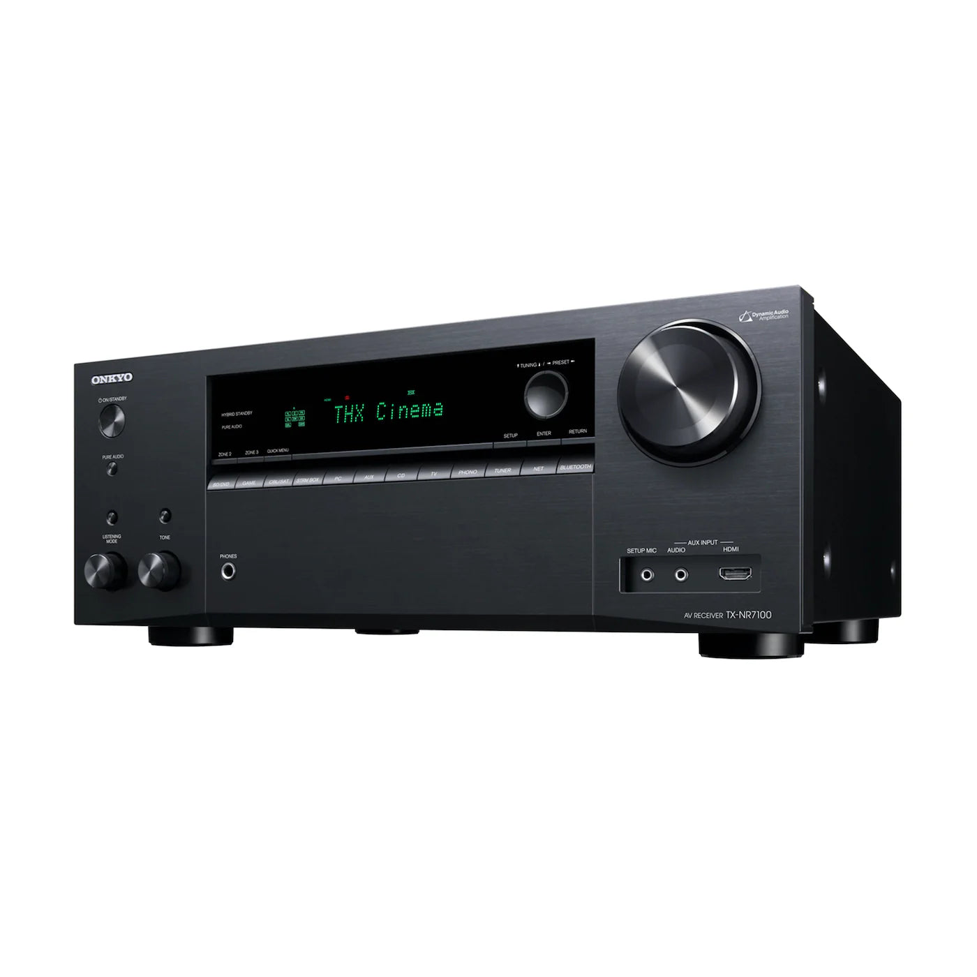 Receiver AV Onkyo TX-NR7100 negru, vedere unghi stânga, afișaj THX, butoane frontale, port HDMI.