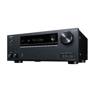 Receiver AV Onkyo TX-NR7100 negru, vedere unghi stânga, afișaj THX, butoane frontale, port HDMI.