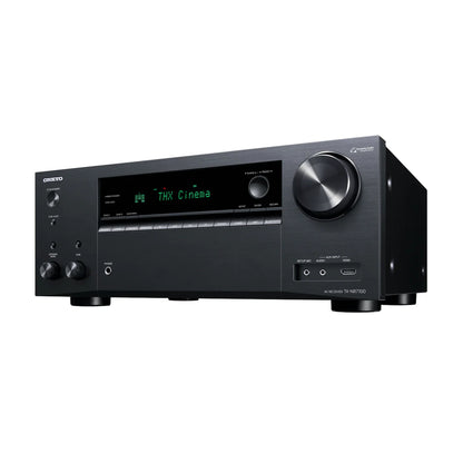Receiver AV Onkyo TX-NR7100 negru, vedere unghi stânga, afișaj THX, butoane frontale, port HDMI.
