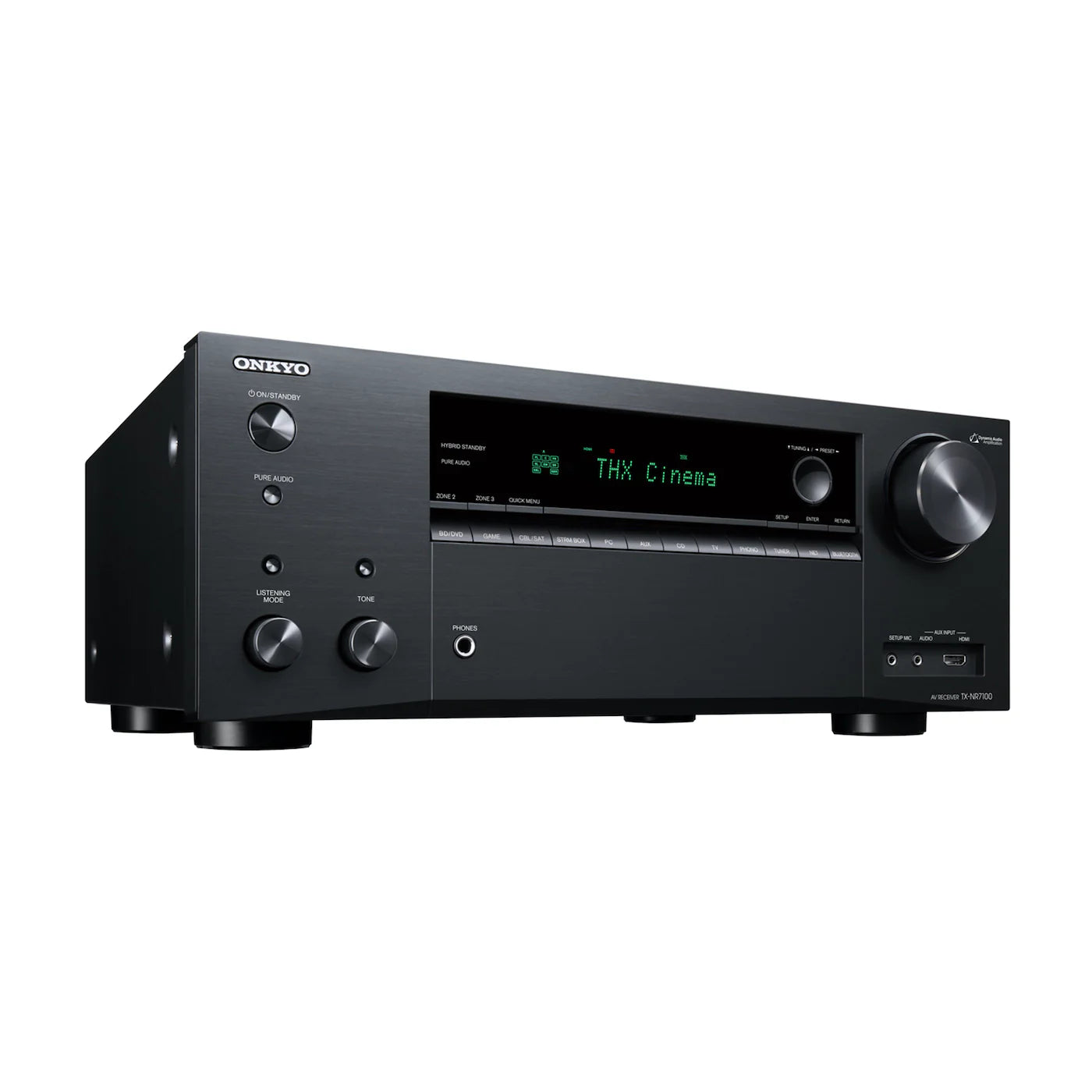 Receiver AV Onkyo TX-NR7100 negru, vedere din unghi dreapta, afișaj THX Cinema, butoane frontale vizibile.