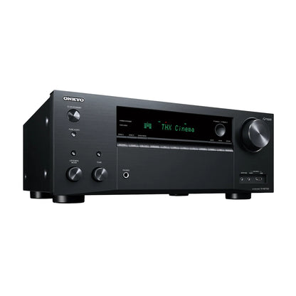 Receiver AV Onkyo TX-NR7100 negru, vedere din unghi dreapta, afișaj THX Cinema, butoane frontale vizibile.