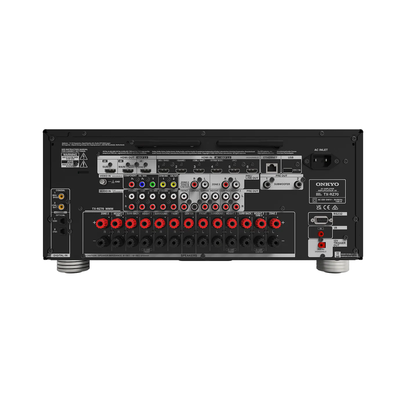 Panou spate negru Onkyo TX-RZ70 Receiver AV cu multiple porturi HDMI, RCA, USB, Ethernet și ieșiri boxe.