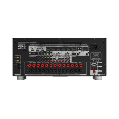 Panou spate negru Onkyo TX-RZ70 Receiver AV cu multiple porturi HDMI, RCA, USB, Ethernet și ieșiri boxe.