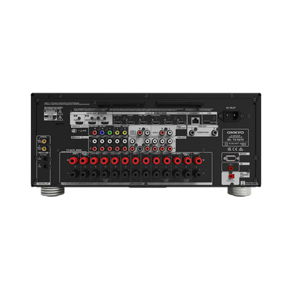 Panou spate negru Onkyo TX-RZ70 Receiver AV cu multiple porturi HDMI, RCA, USB, Ethernet și ieșiri boxe.