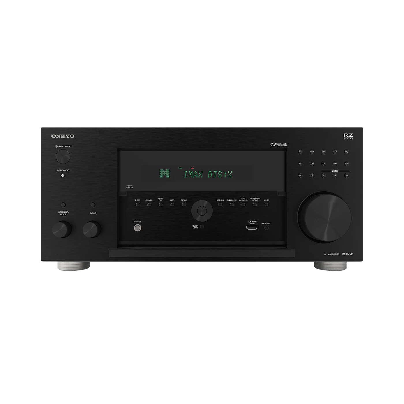 Receiver AV Onkyo TX-RZ70 negru, vedere frontală cu panou deschis, afișaj IMAX DTS:X și port HDMI