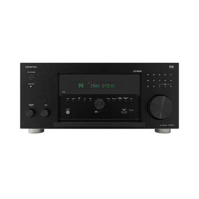 Receiver AV Onkyo TX-RZ70 negru, vedere frontală cu panou deschis, afișaj IMAX DTS:X și port HDMI