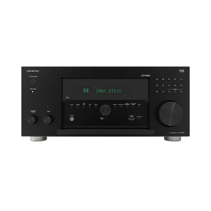 Receiver AV Onkyo TX-RZ70 negru, vedere frontală cu panou deschis, afișaj IMAX DTS:X și port HDMI