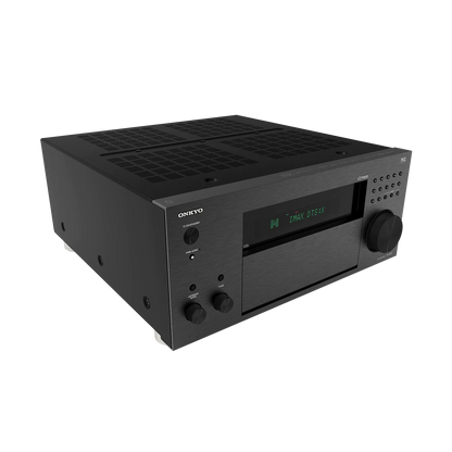 Receiver AV Onkyo TX-RZ70 negru, vedere frontală laterală stânga, afișaj activ și butoane vizibile.