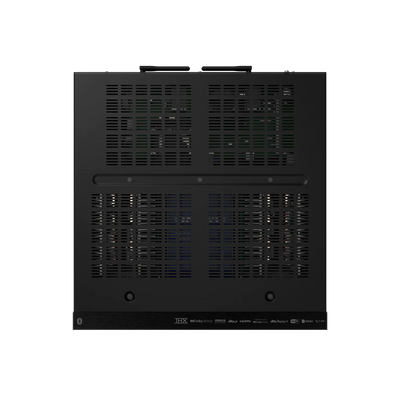 Vedere de sus a receiverului AV Onkyo TX-RZ70 negru, cu grile de ventilație și logo-uri THX, Dolby.