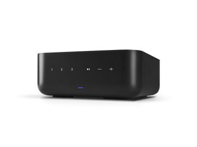 Amplificator Denon Home Amp negru, vedere laterală. Afișează butoane numerotate 1-3 și butoane de control.