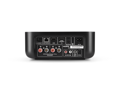 Denon Home Amp, vedere din spate, culoare neagră, conectori HDMI, USB, rețea, ieșiri audio și AC.