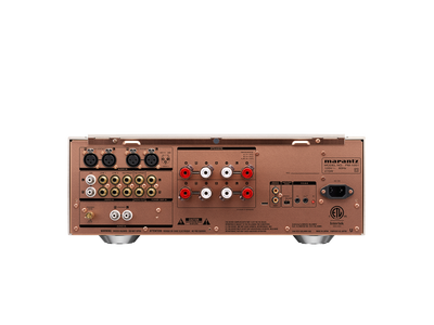 Panoul din spate al amplificatorului Marantz PM-10 negru, cu intrări XLR, RCA și ieșiri pentru boxe.