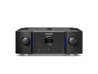 Amplificator Marantz PM-10 negru, vedere frontală, butoane de volum și selecție sursă vizibile.