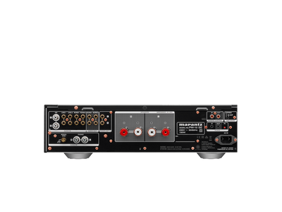 Panou spate negru Marantz PM-12 SE Amplificator, conexiuni RCA, terminale boxe, intrări audio și alimentare.